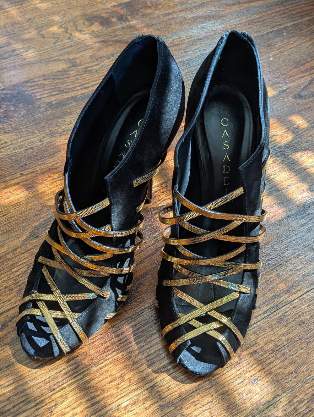 Casadei Black Suede Open-Toe Heels with Gold Strappy Detail